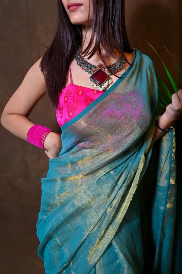 सोनतारा Handwoven Zari Linen Saree - Image 2