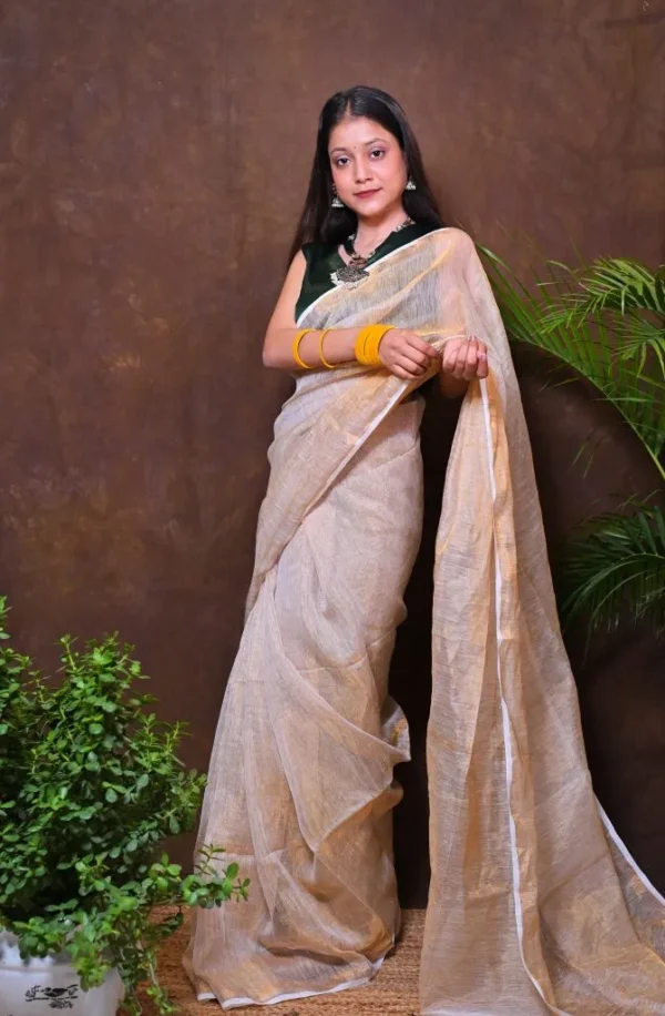 सोनतारा Handwoven Zari Linen Saree - Image 3