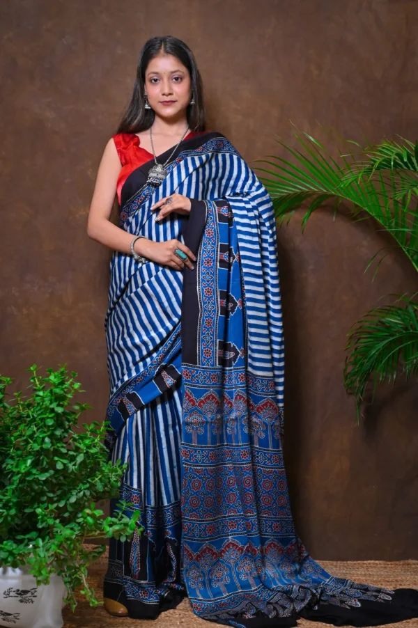 अजरेखा – Ajrakh Hand Block Printed Pure Modal Silk Saree