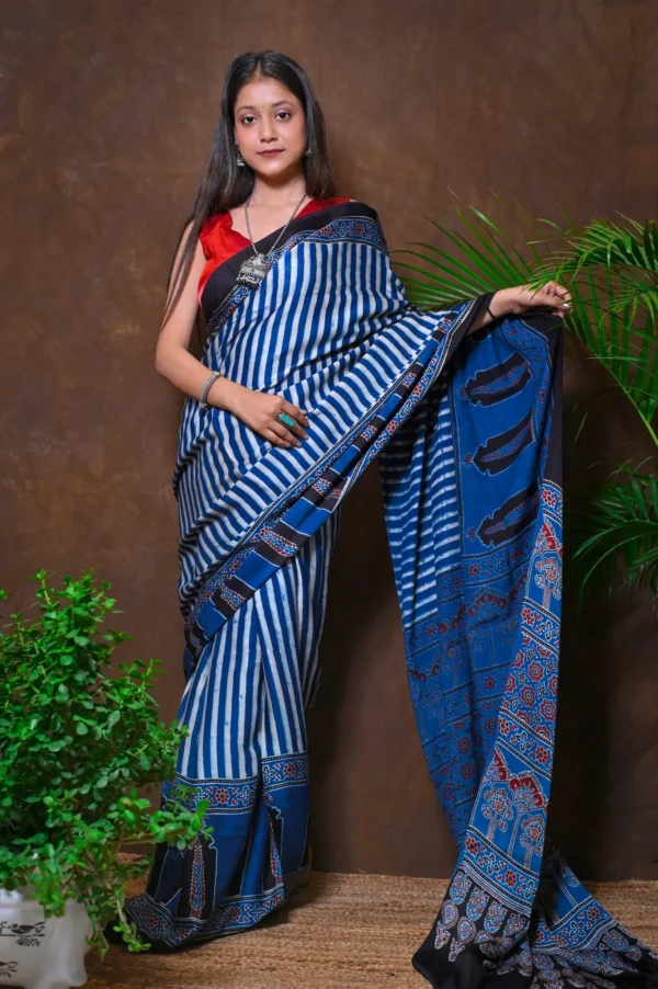 अजरेखा – Ajrakh Hand Block Printed Pure Modal Silk Saree - Image 2