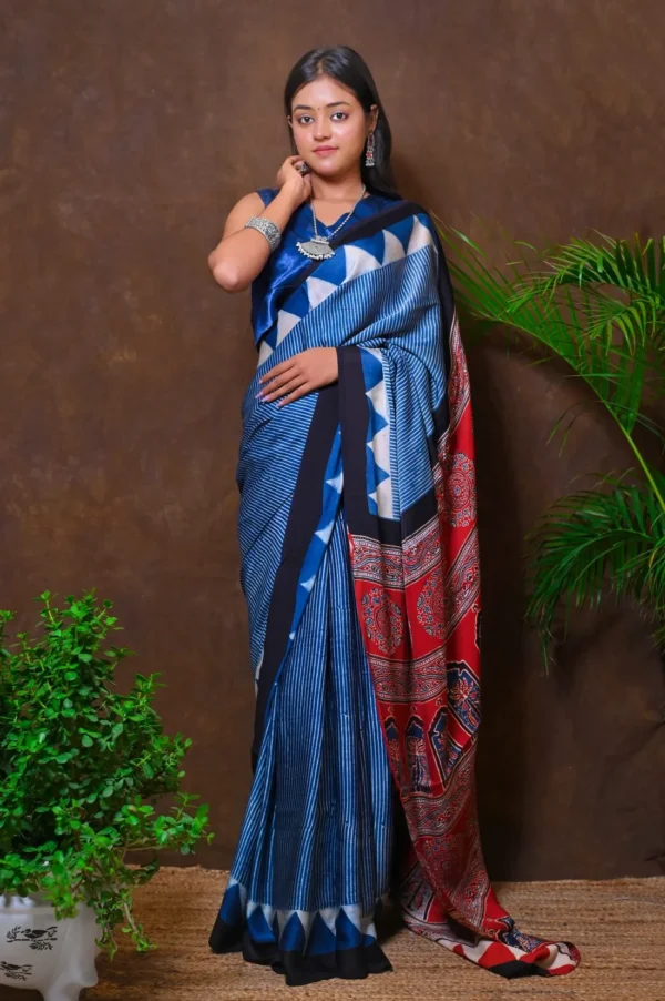 अजरेखा – Ajrakh Hand Block Printed Pure Modal Silk Saree - Image 2