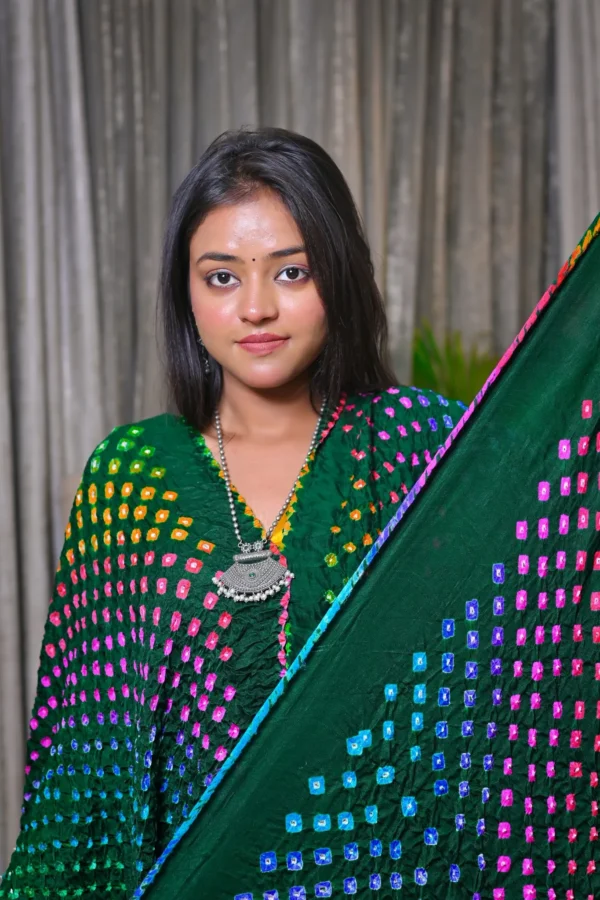 धनक | Multicolour Raai Daana Bandhej Pure Gajji Silk Saree - Image 2
