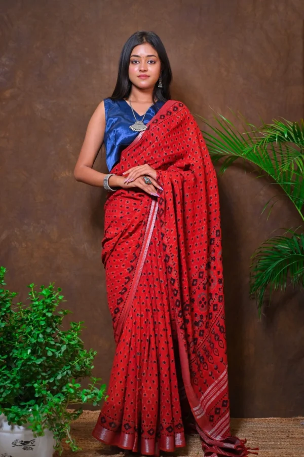 कपास | Ajrakh Hand Block Printed Pure Cotton Linen Saree